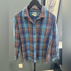 L.L. Bean Women's Blue and Brown Plaid Button-Down Shirt